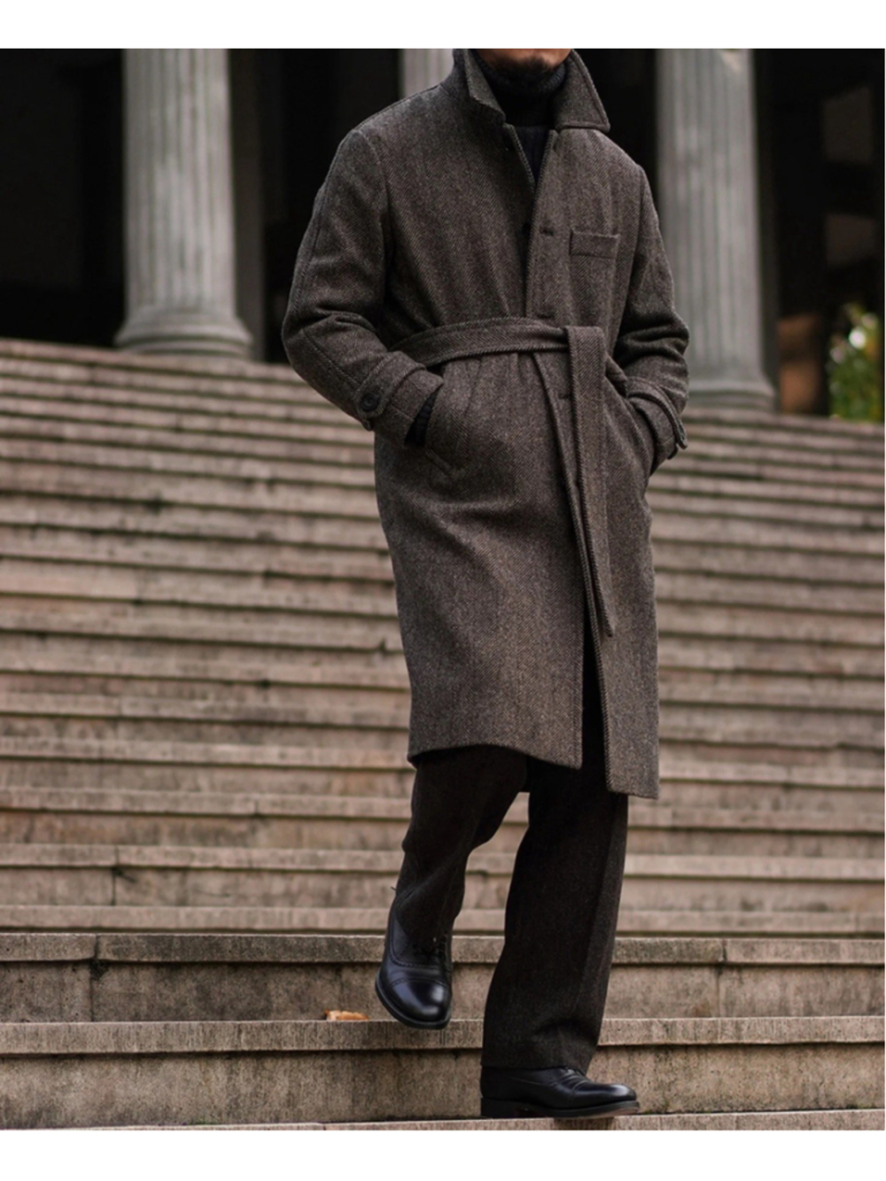 Annual Ring 1920s Brown Herringbone Tweed Balmacaan Old Money Wool Coat Size XL